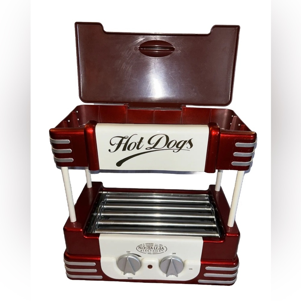 Nostalgia Electrics Hot Dog Roller with lidded Bun Warmer. Rotisserie Hot Dogs